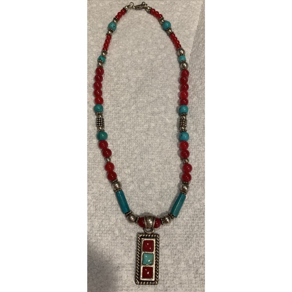 Vintage Native American Tribal Sterling Turquoise and Red Coral Necklace 28 Gram